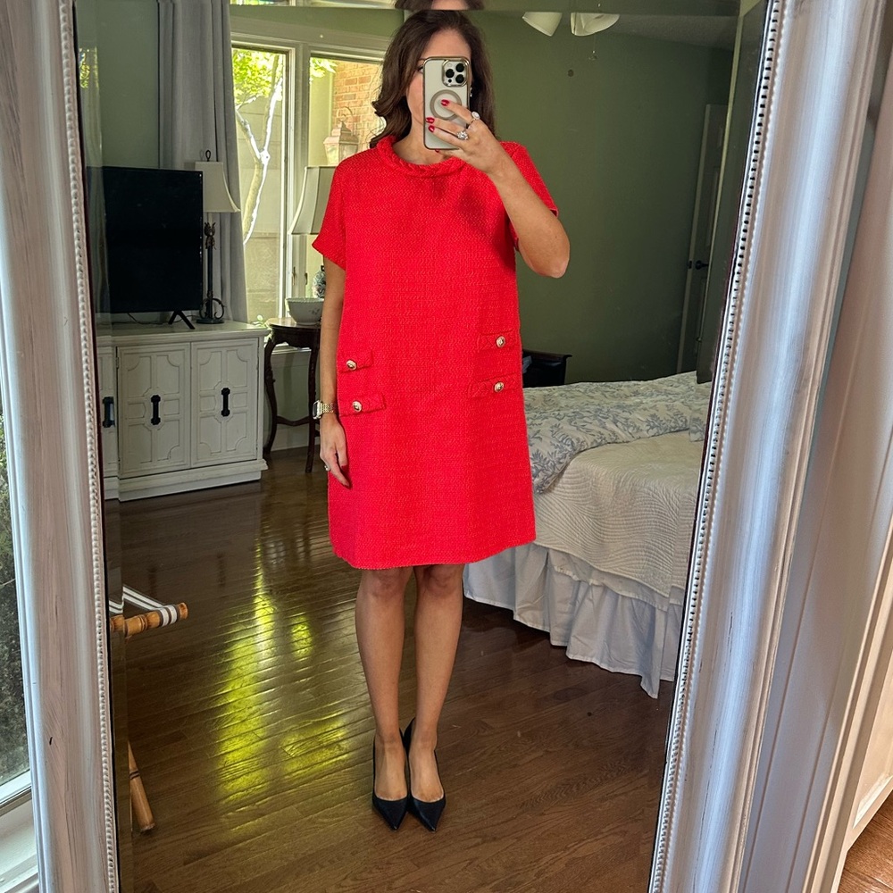 AMAZON Red Tweed Jackie Dress Elegant Crew Neck Short Sleeve Button Mini Dress